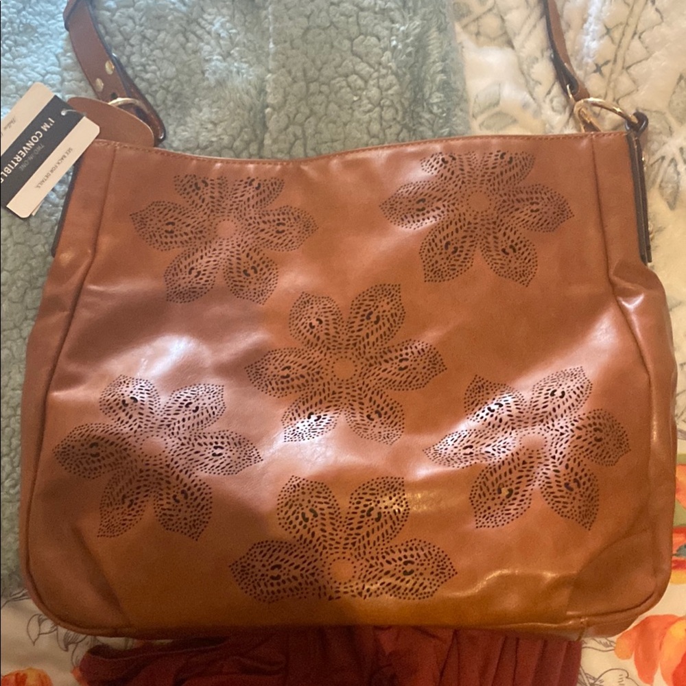 Brown Floral Embossed  faux leather  laser cut floral Shoulder Bag
